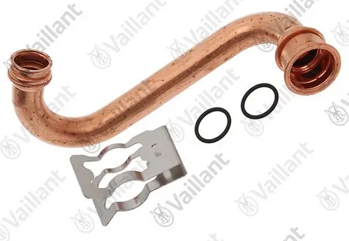 Kupferrohr von Vaillant mit zwei anschraubbaren Enden, O-Ringen und einer Halterung. Das Produkt ist für die Installation in Heizsystemen konzipiert.